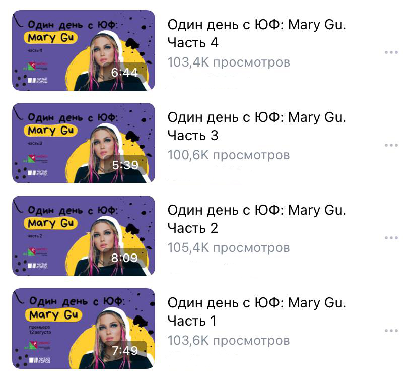 Один день с ЮФ: Mary Gu — исходный скриншот четырёх выпусков.